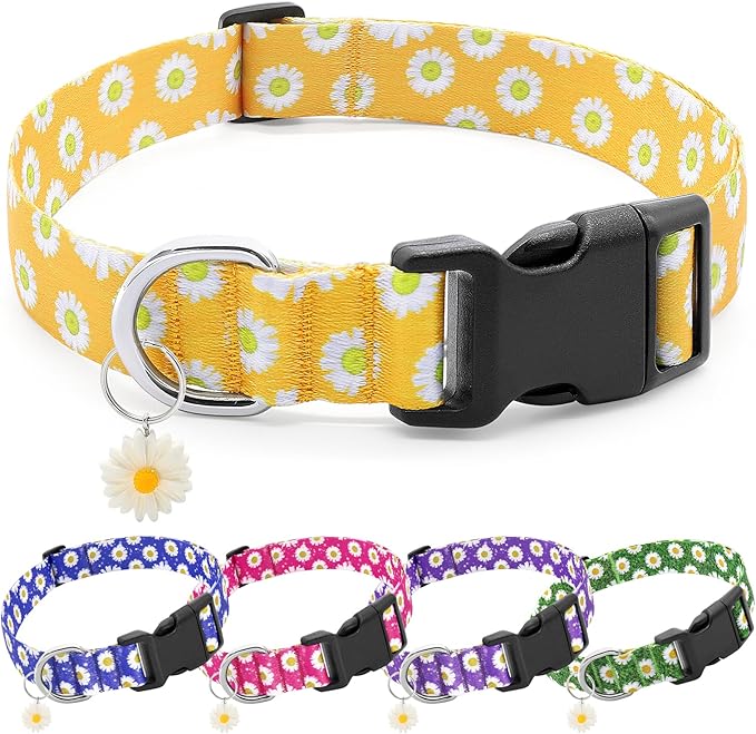 BiPawTi Floral Dog Collars for Large Dog - Soft Cute Dog Collars for Girls Dog Pretty Flower Collar with Daisies Charms, Gift for Female Male Boys Girls Dogs (XL, Yellow)