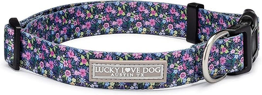 Lucky Love Dog, Comfortable, Soft, Cute Female Dog Collar for Small Dogs, Black & Purple Floral Print, Adjustable Nylon Collar, Primrose, Small