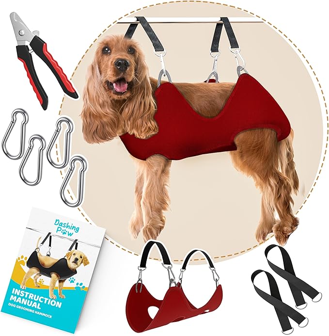 Dog Grooming Hammock – Sturdy & Safe Dog Hammock for Grooming with Durable Carabiner Clips & Straps – Soft, Comforting Dog Grooming Harness – Pet Grooming Hammock + Nail Trimmer for Medium Sized Dogs