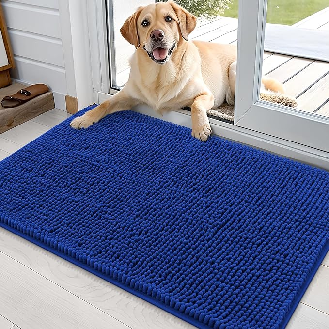 OLANLY Dog Door Mat for Muddy Paws 36x24, Absorbs Moisture and Dirt, Absorbent Non-Slip Washable Mat, Quick Dry Chenille, Mud Mat for Dogs, Entry Indoor Door Mat for Inside Floor, Royal Blue