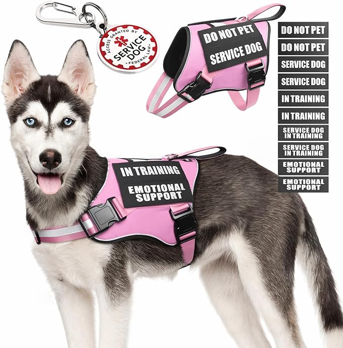 Service Dog Vest Harness+ID Tag+10 Patches,Metal Serivce Dog Tag&Reflective Emotional Support Dog Vest with Handle for Medium Dogs,Easy Put On/Off for Training/Walking/Everyday Pink M