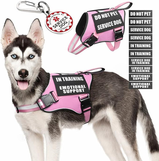 Service Dog Vest Harness+ID Tag+10 Patches,Metal Serivce Dog Tag&Reflective Emotional Support Dog Vest with Handle for Medium Dogs,Easy Put On/Off for Training/Walking/Everyday Pink M
