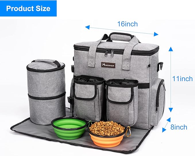 Airline Approved Dog Travel Bag with 2 Dog Treat Training Pouches, Dog Tote Organizer for Weekend Pet Travel Supplies & Accessories, 2 Collapsible Dog Bowls, 2 Travel Dog Food Container (Grey)