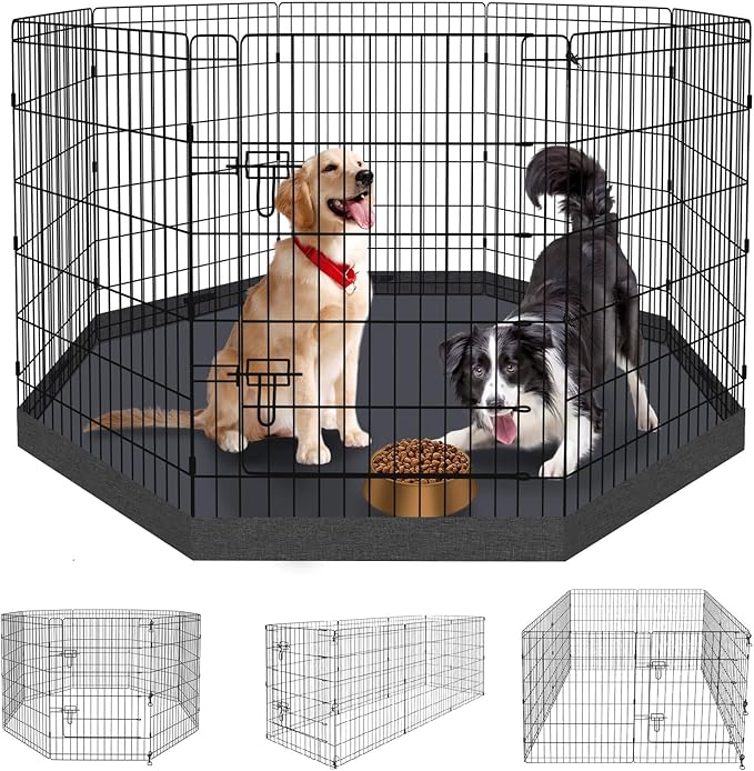 Pet Playpen Dog Pen Foldable Dog Exercise Fence 8 Panels 36 Inch Kennels Pet Playpen Options Ideal for Pet Medium Animals Outdoor Indoor (Playpen with Bottom Pad)