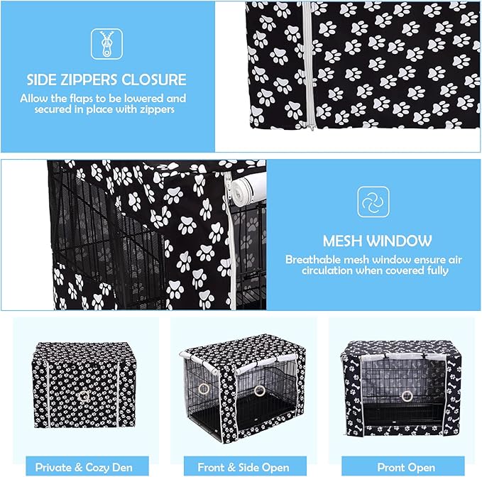 Dog Crate Cover for Wire Crates, Heavy Nylon Durable Waterproof Windproof Pet Kennel Cover Indoor Outdoor Protection - Cover only - Black Paw - XXLarge, 48-Inch
