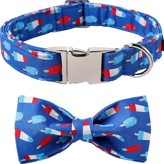 Lionet Paws Patriotic Dog Collar with Bowtie, 4th of July, Soft and Comfortable Adjustable Summer Popsicle Bowtie Collar for Dogs Male Female Gift, Small, Neck 10-16 inches