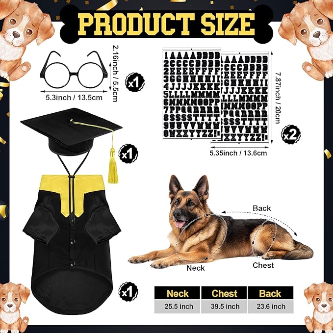 5 Pcs Dog Graduation Costume Set Include 2025 Pet Graduation Gown with Stole Puppy Grad Cap Lensless Glasses DIY Letter Stickers for Dogs Cats Holiday Costume Accessory(Black Yellow,2XL)