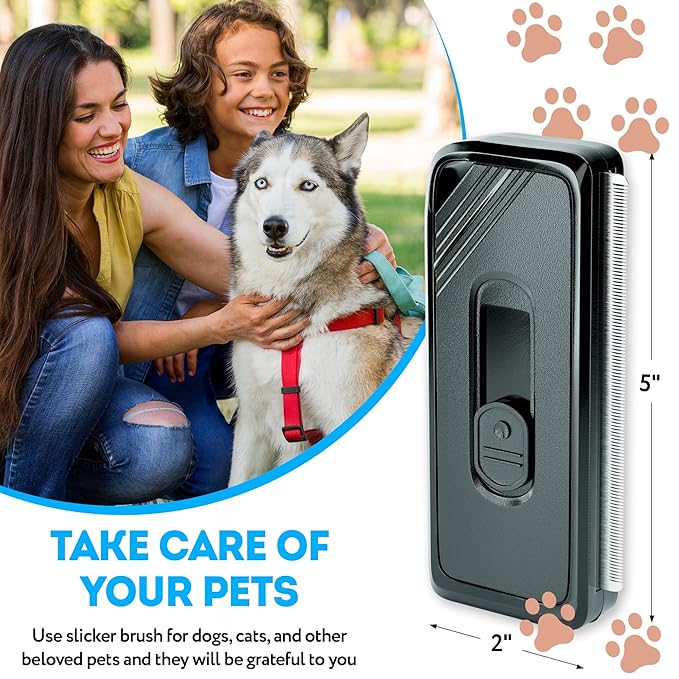 Black Self Cleaning Slicker Brush. Cat Brush with Release Button. Self Cleaning Dog Brush for Long Haired Dogs and Short Haired with Sturdy Case, Blades. Pet Grooming Brush for Dogs Shedding