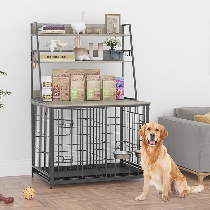 GAOMON Modern Dog Crate with Storage Shelves, Wooden Kennel with Removable Tray, Double Doors, Indoor Dog House with Two Adjustable Bowls, End Table Design, Grey