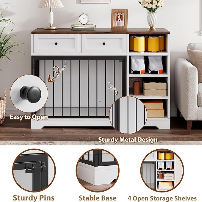 Dog Crate Furniture 47”, Large Dog Crate TV Stand with 2 Drawers and 4 Shelves, Wooden Dog Kennel Indoor, Decorative Dog Cage with Storage for Large Dogs, White