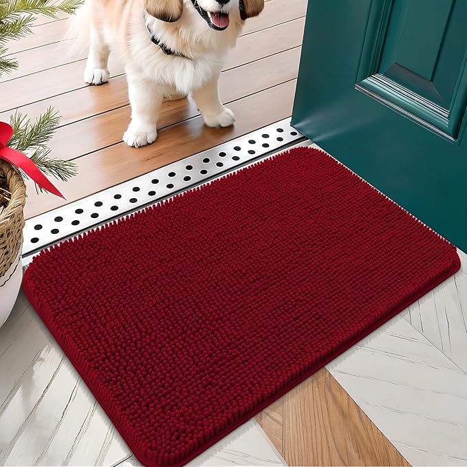 OLANLY Dog Door Mat for Muddy Paws 24x16, Absorbs Moisture and Dirt, Absorbent Non-Slip Washable Mat, Quick Dry Chenille, Mud Mat for Dogs, Entry Indoor Door Mat for Inside Floor, Red