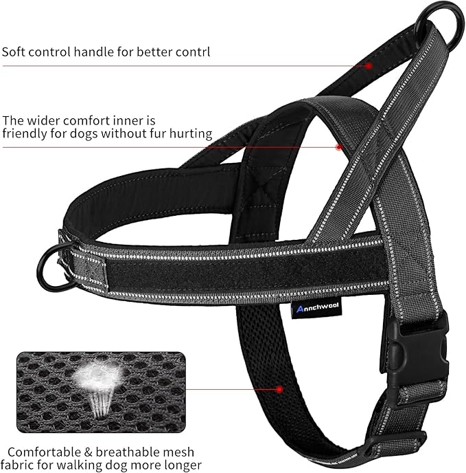 Annchwool No Pull Dog Harness with Padded Handle+5 Ft Leash,Reflective Strip Escape Proof and Quick Fit to Adjust Dog Harness,Easy for Training Walking for Small & Medium and Large Dog(Black-Set,M)