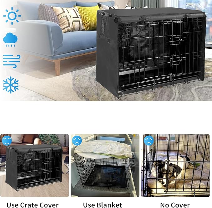 Dog Crate Cover 48 inch XL Dog Kennel Outside Cover, Big Dog Cage for Large Dogs Wire with1 2 3 Doors, Waterproof 600D Oxford Fabric Indoor/Outdoor Black（Dog Crate NOT Included）