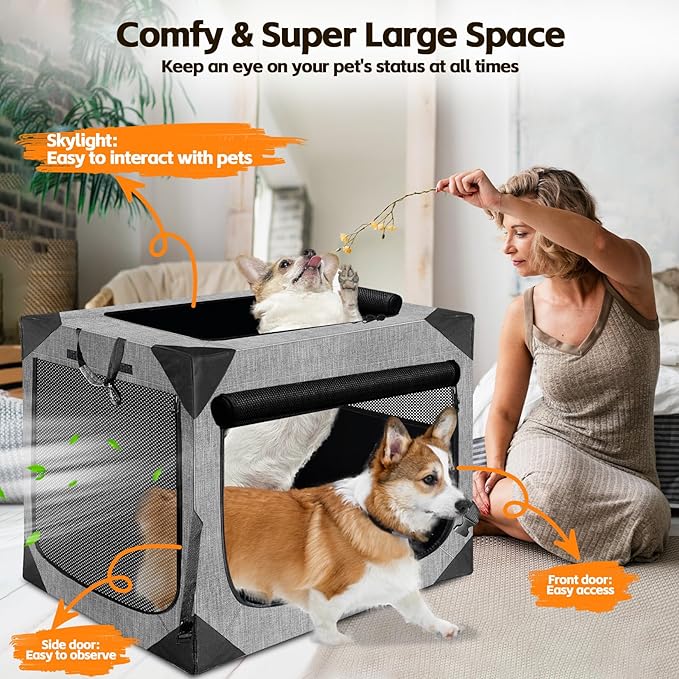 Dog Crate 30x21x21 Inch for Large or Medium Dogs, Portable and Foldable Design Perfect for Travel or Home Use, Dog Kennel with 3-Door