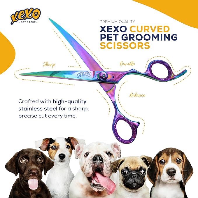 Curved Dog Grooming Scissors - Professional Dog Grooming Scissors - Comfortable Grip and High-Grade Stainless Steel Screw - 7.5" Inch Stainless Steel Curved Shears