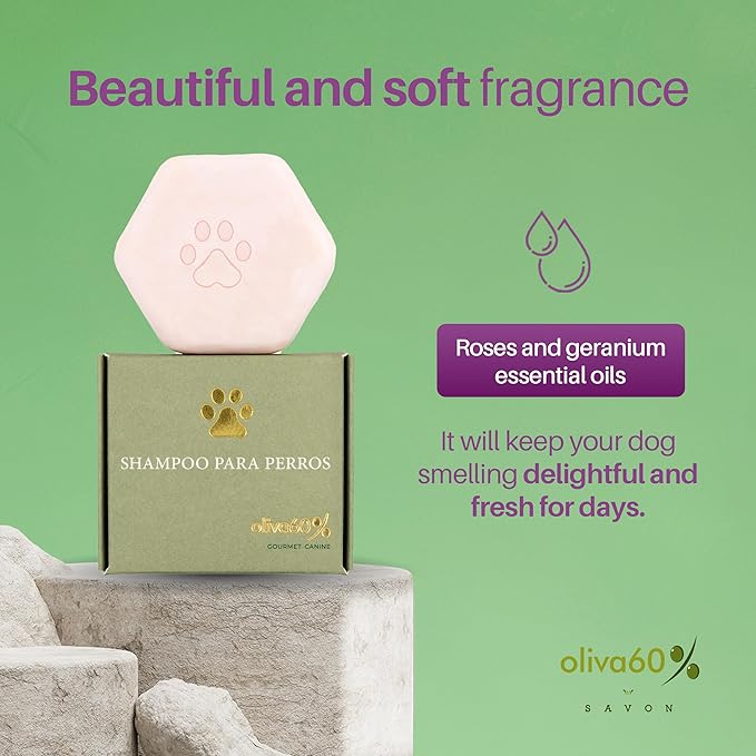 Natural Dog Shampoo Bar with Roses and Geranium | Eco-Friendly, Long-Lasting Dog Bath | Sulfate-Free, Nourishing Oils for Shiny Coat | Dog Essentials | Oliva 60