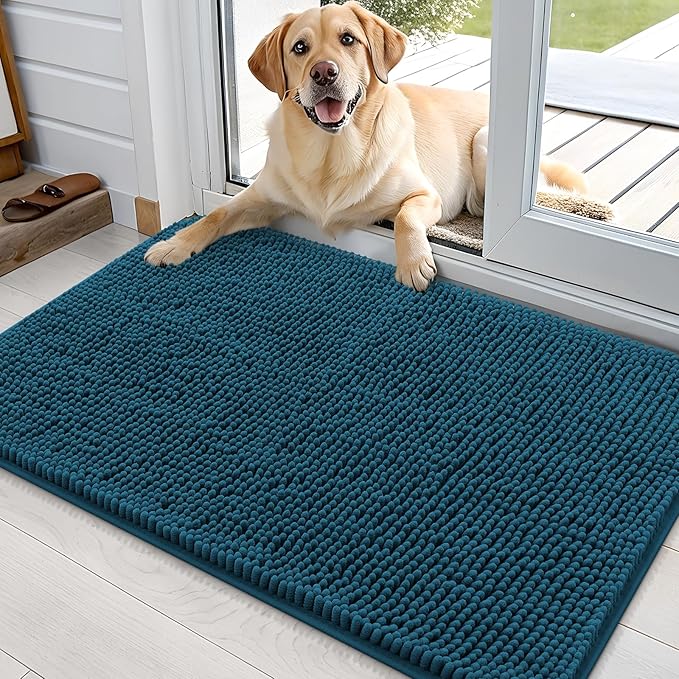 OLANLY Dog Door Mat for Muddy Paws 36x24, Absorbs Moisture and Dirt, Absorbent Non-Slip Washable Mat, Quick Dry Chenille, Mud Mat for Dogs, Entry Indoor Door Mat for Inside Floor, Atlantic Blue