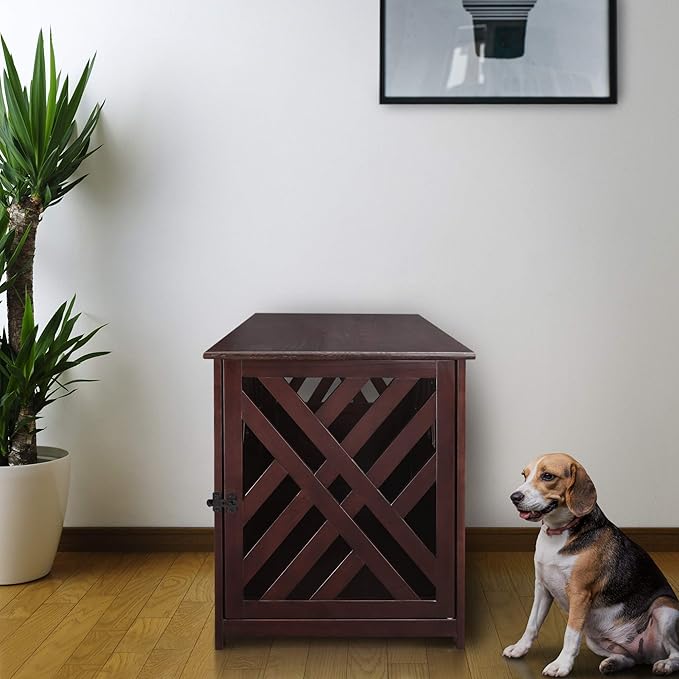 Casual Home Modern Lattice Wooden Pet Crate End Table - Espresso, Lockable, Spacious, Comfortable, Dog