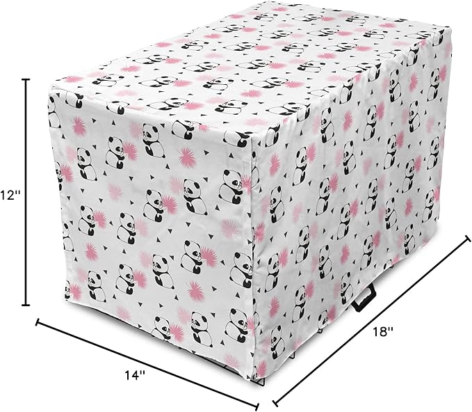 Lunarable Panda Dog Crate Cover, Cartoon Style Bear Drawings Pinkish Foliage Leaves Chinese, Easy to Use Pet Kennel Cover for Small Dogs Puppies Kittens, 18 Inch, Pale Pink Rose Black