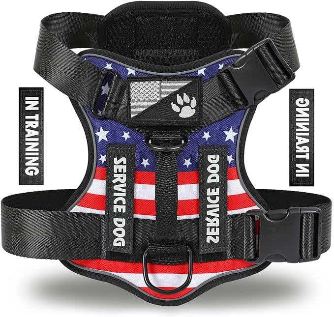 Demigreat Service Dog Harness, Reflective Dog Vest Harness with 5 PCS Patches, Adjustable Soft Oxford Pet Harness, Inner Layer Mesh, Easy to Control for Dogs (USFLAG, X-Small (Pack of 1))