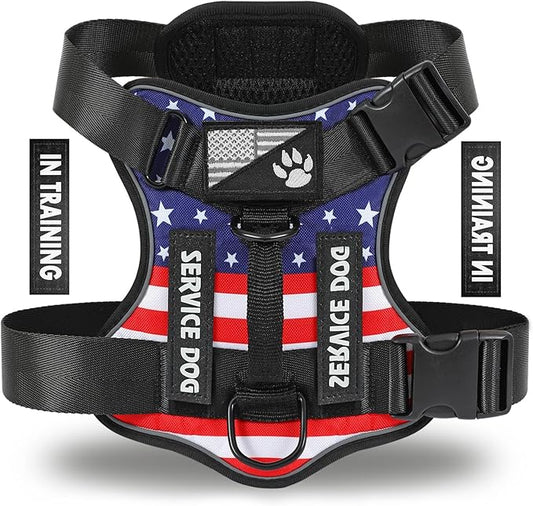 Demigreat Service Dog Harness, Reflective Dog Vest Harness with 5 PCS Patches, Adjustable Soft Oxford Pet Harness, Inner Layer Mesh, Easy to Control for Dogs (USFLAG, Medium (Pack of 1))
