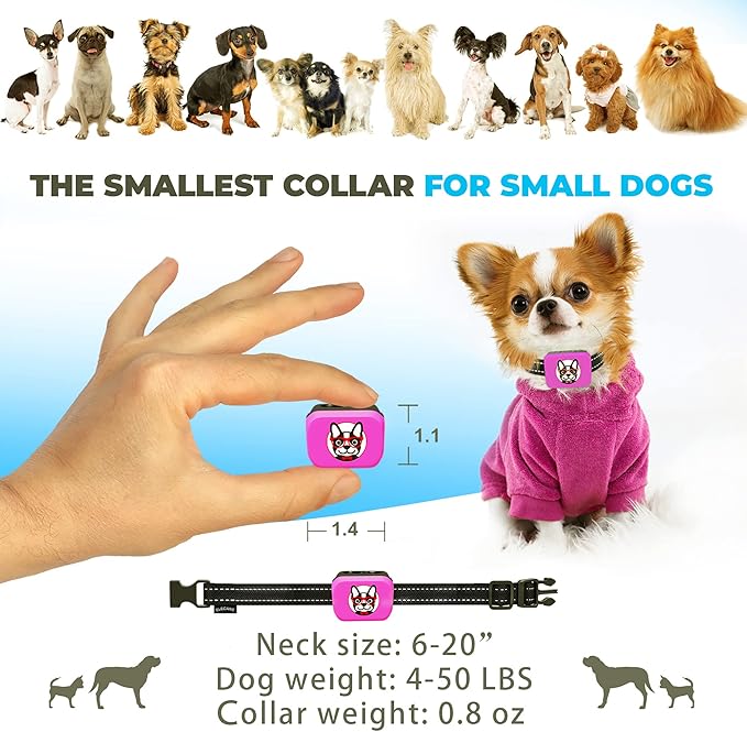 Small Dog Bark Collar Rechargeable - Smallest Bark Collar for Small Dogs 5-15lbs - Most Humane Stop Barking Collar - Dog Training No Shock Anti Bark Collar - Pet Bark Control Device (Pink)