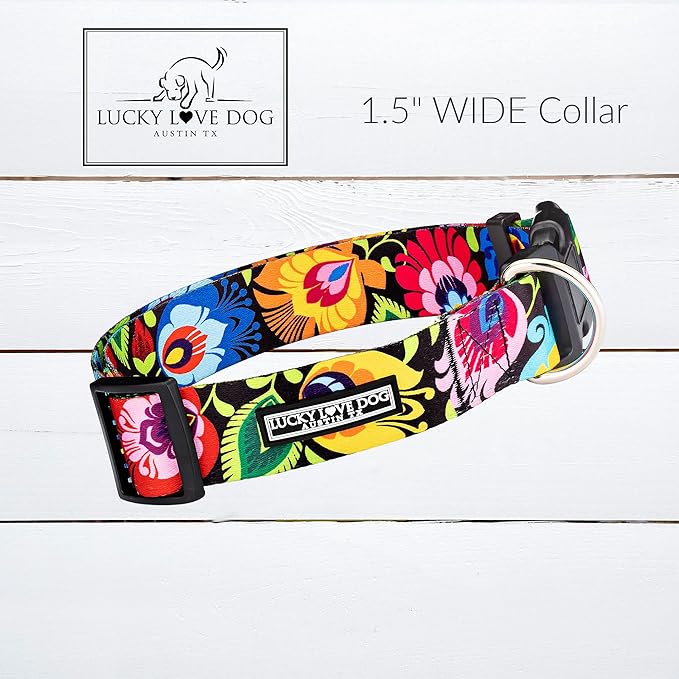 Lucky Love Dog Wide Dog Collar - Adjustable, Durable, Soft Webbing, & Comfortable 1.5 inch Wide Collar for Dogs Male and Female - in Blackbird Pattern with Strong Buckle, Medium Size