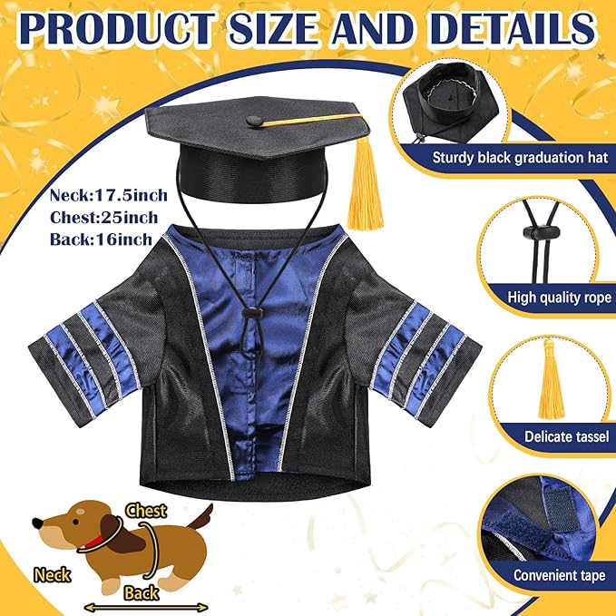 Geyoga Dog Cat Graduation Cap and Gown Set 2025 Washable Dog Costume Puppy Black Graduation Hat with Tassel Pet Holiday Party Costume Accessory(XL)