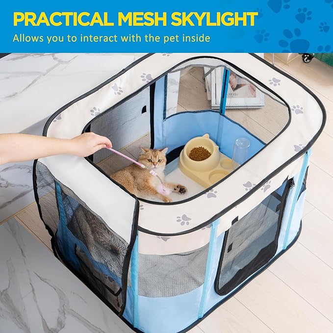 Avont Portable Dog Cat Playpen, Foldable Pop Up Pet Play Pen Travel Crate with Floor and Mesh Door Top for Indoor Outdoor Collapsible Tent Cage -L, Blue