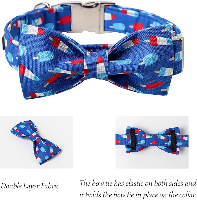Lionet Paws Patriotic Dog Collar with Bowtie, 4th of July, Soft and Comfortable Adjustable Summer Popsicle Bowtie Collar for Large Dogs Male Female Gift, Neck 16-24 inches