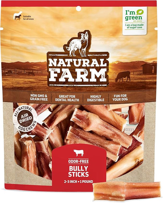 Natural Farm Odor Free Bully Sticks (2-3 Inch, 1 Pound) for Small & Medium Dogs - 100% Beef Chews for Pups, Non-GMO, Grain-Free, Fully Digestible Long Lasting Dog Treats