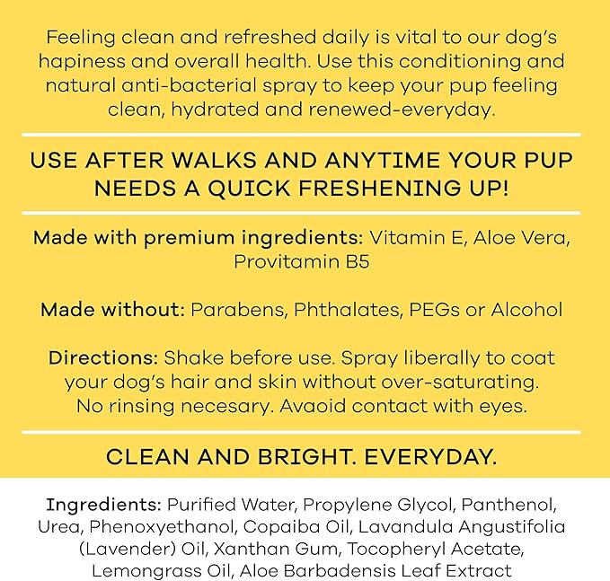 Cleansing Hair and Body Spray for Dogs - 5.1 Fl Oz of Dog Deodorizer, Long Lasting Formula - Everyday Body Spray with Aloe, Lemongrass Oil, and More - Made in The USA
