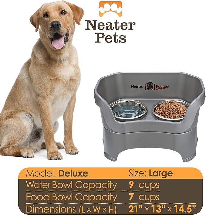 Neater Feeder Deluxe Mess Proof Dog Bowls Elevated for Large Breed – Made in USA – No Spill Raised Dog Food Bowl Stand – Stainless Steel Food and Water Bowl Set, Pet Dish Feeding Station, Grey
