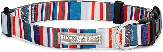 Lucky Love Dog, Nautical Dog Collar, Polka Dot Blue Red White Striped Collar for Male Female Dogs, Adjustable & Comfy - (Small, Linus Collar)