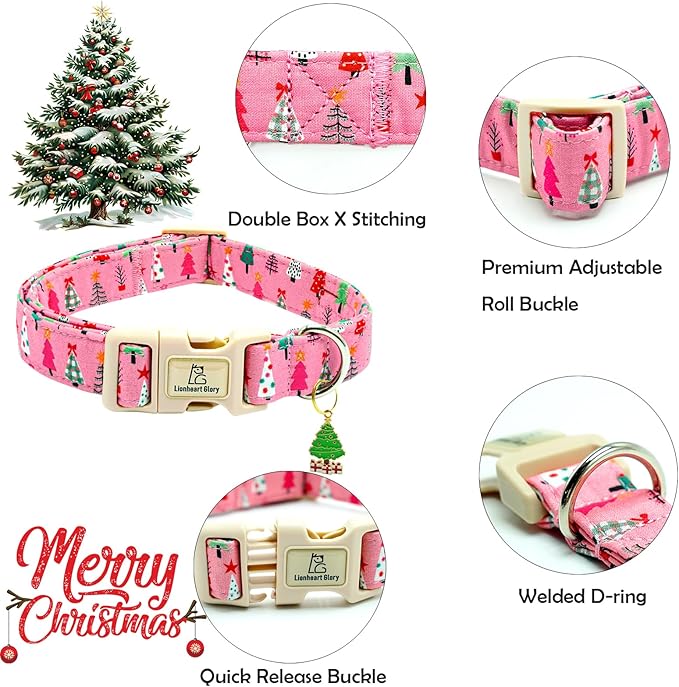 Lionheart glory Christmas Dog Collar, Pink Christmas Tree Dogs Collar Adjustable Soft Comfortable Collars for Small Dogs Girl or Boy Pet Gift Fall Cute Collar