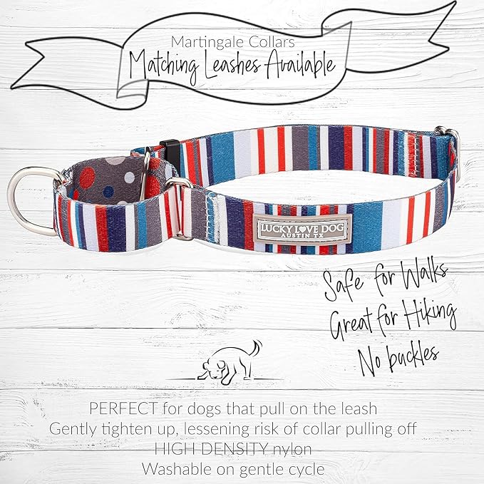 Lucky Love Dog, Nautical Martingale Dog Collar and Leash Set, Premium No Slip Collar and Leash Set, Polka Dot Striped Martingale Collar and Leash Set, for Dogs - (Medium, Linus Mart - Combo)