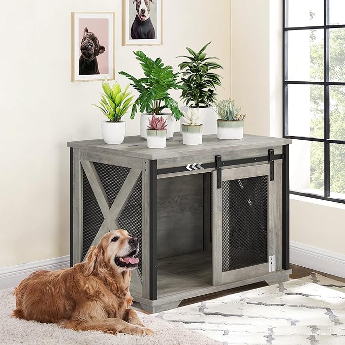 GAOMON Dog Crate Furniture with Slidings Doors，Wooden Dog Kennel End Table with Flip-top Plate for Dogs，Indoor Dog Crate Furniture with Detachable Divider for Medium Dogs, Dog House,Grey