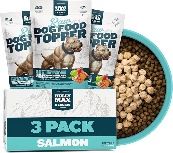 Bully Max Freeze-Dried Raw Dog Food Toppers for Puppies & Adult Dogs - Salmon with Real Fruits & Veggies - Meal Enhancers with Vitamins & Minerals - Feed as Puppy Treat or Dog Meal - 3 Pack