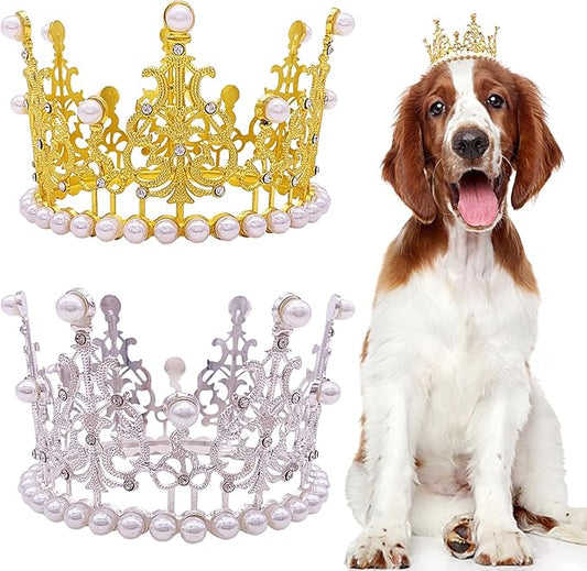 PET SHOW 2pcs Large Dog Crown Headband Sheep Big Pet Hat for Birthday Party Silver Gold Rhinestone Faux Pearl Crown for Boy Girl Wedding Hair Accessories Photo Prop Costume