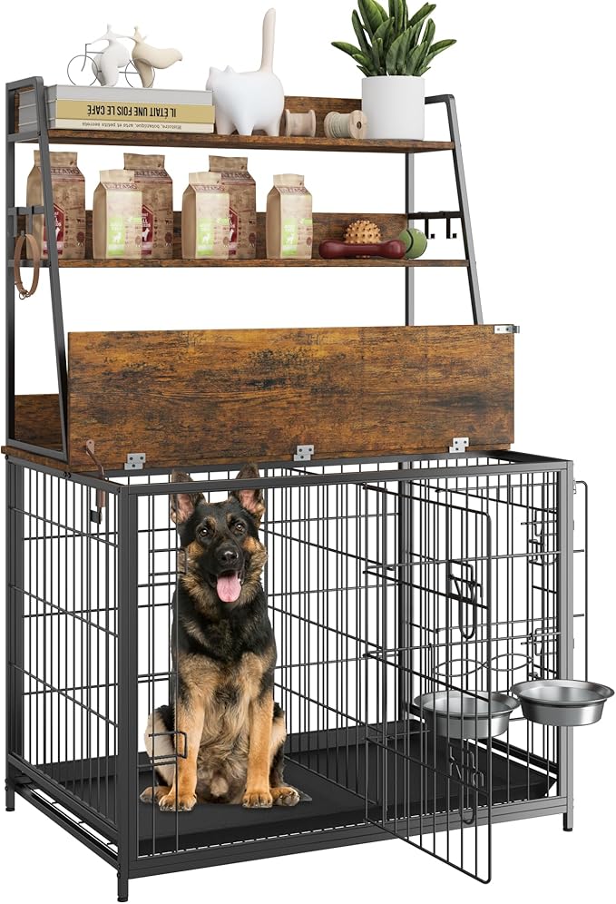 Dog Crate Furniture, 57 Inch Dog Kennel Furniture with Storage Shelves and Removable Tray, Indoor Dog House with 2 Doors and 2 Adjustable Bowls, Brown