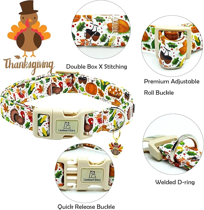 Lionheart glory Turkey Dog Collar, Thanksgining Day Dogs Collar Adjustable Soft Comfortable Collars for Medium Dogs Girl or Boy Pet Gift Fall Cute Collar Quick Release Plastic Buckle