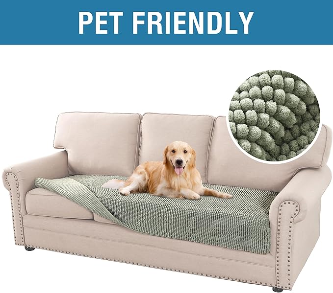 H.VERSAILTEX Plush Chenille Dog Bed Cover Thick Soft Sofa Cover for 3 Cushion Couch Anti Slip Couch Cover Furniture Protector for Dog, Pet, Cat (35" x 82", Sage)