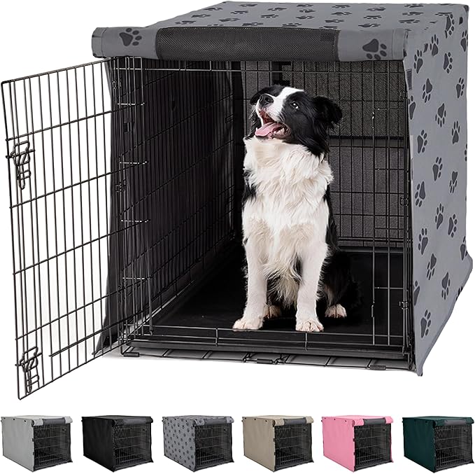 GORILLA GRIP Dog Crate Covers compatible with Amazon Basics Dog Crates, All Sides Open, Privacy Cover Fits 36" Wire Kennel, Breathable Mesh Windows, Light Reducing Puppy Training Cage Topper, Gray Paw