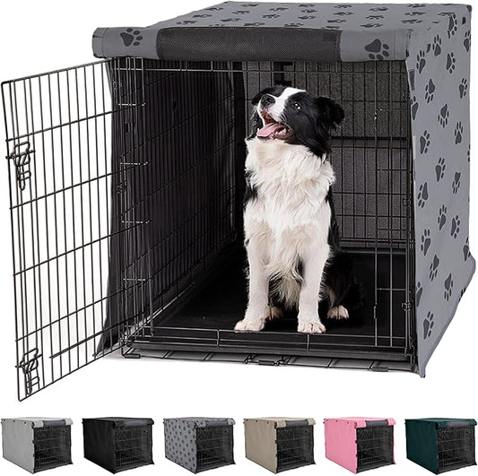 GORILLA GRIP Dog Crate Covers compatible with Amazon Basics Dog Crates, All Sides Open, Privacy Cover Fits 36" Wire Kennel, Breathable Mesh Windows, Light Reducing Puppy Training Cage Topper, Gray Paw