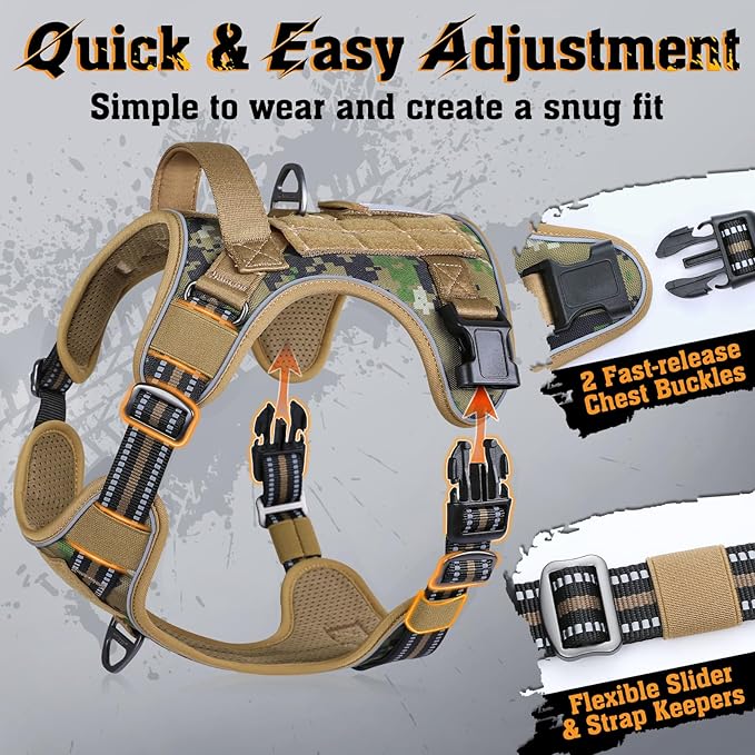 rabbitgoo Dog Harness Medium Sized No Pull, Tactical Service Dog Vest with Molle and Control Handle, Adjustable and Reflective Military Pet Harness for Easy Walking and Training, Brown camo, M