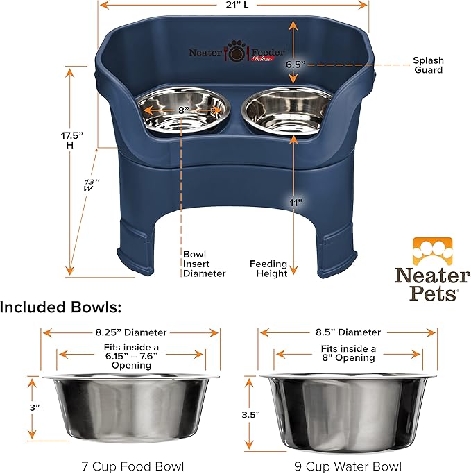 Neater Feeder Deluxe Mess Proof Dog Bowls Elevated for Large Dogs – Made in USA – No Spill Raised Dog Food Bowl Stand w/Leg Extensions – Stainless Steel Dog Food and Water Bowl Set – Dark Blue