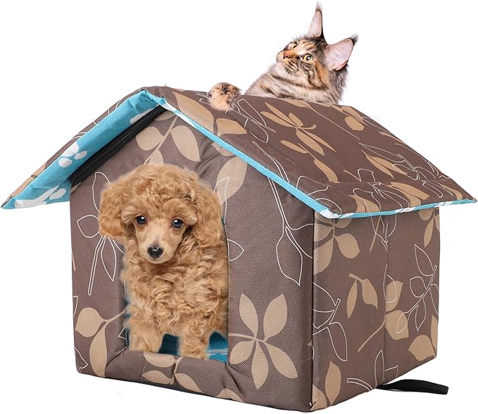 Outdoor Cat House Water Oxford Cloth Warm Cat House Removable Foldable, Outdoor Houses for Feral Cats Dogs (Leaf Pattern, Large House)
