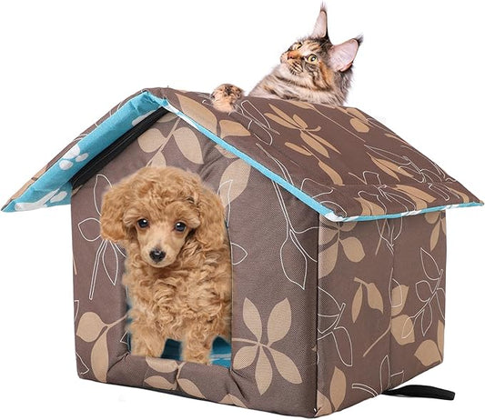 Outdoor Cat House Water Oxford Cloth Warm Cat House Removable Foldable, Outdoor Houses for Feral Cats Dogs (Leaf Pattern, Small House)