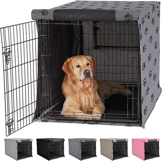 Gorilla Grip Dog Crate Covers compatible with Amazon Basics Dog Crates, All Sides Open, Privacy Cover Fits 42" Wire Kennel, Breathable Mesh Windows, Light Reducing Puppy Training Cage Topper, Gray Paw