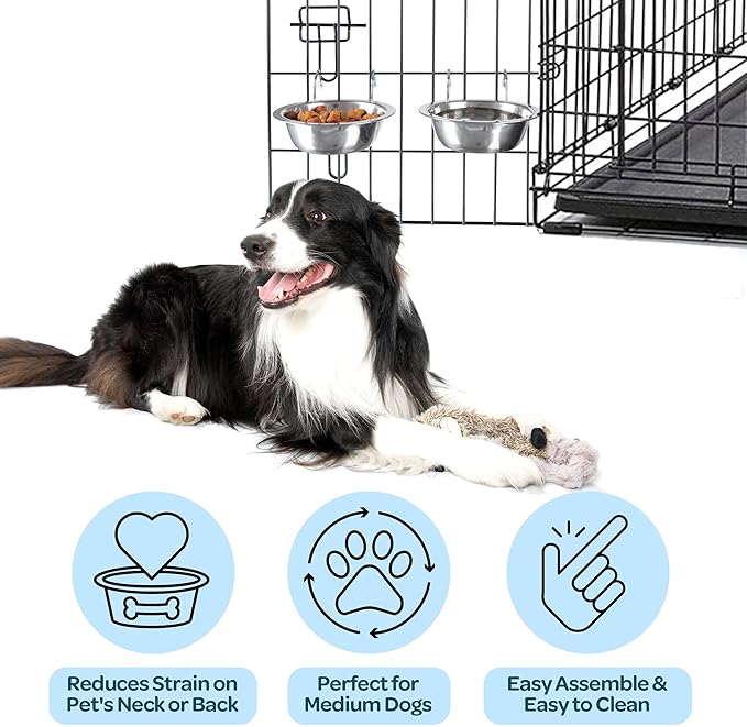 Set of 2 Stainless-Steel Dog Bowls - Cage, Kennel, and Crate Hanging Pet Bowls for Food and Water - 20oz Each and Dishwasher Safe by PETMAKER,Silver